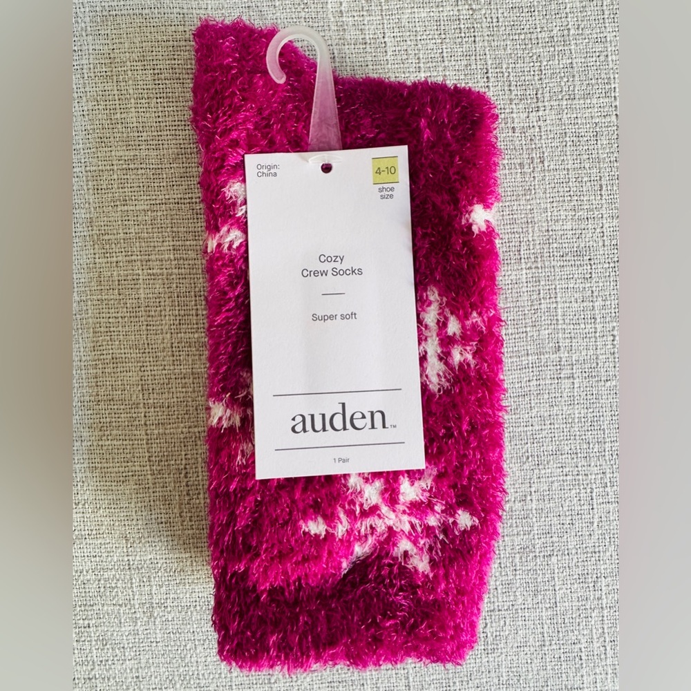 Auden Fuzzy Crew Socks - Magenta and White